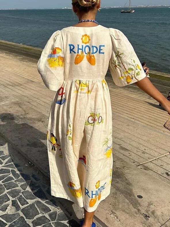 Folk Floral Print Unique Holiday Puff Sleeve Midi Dress - Image 3