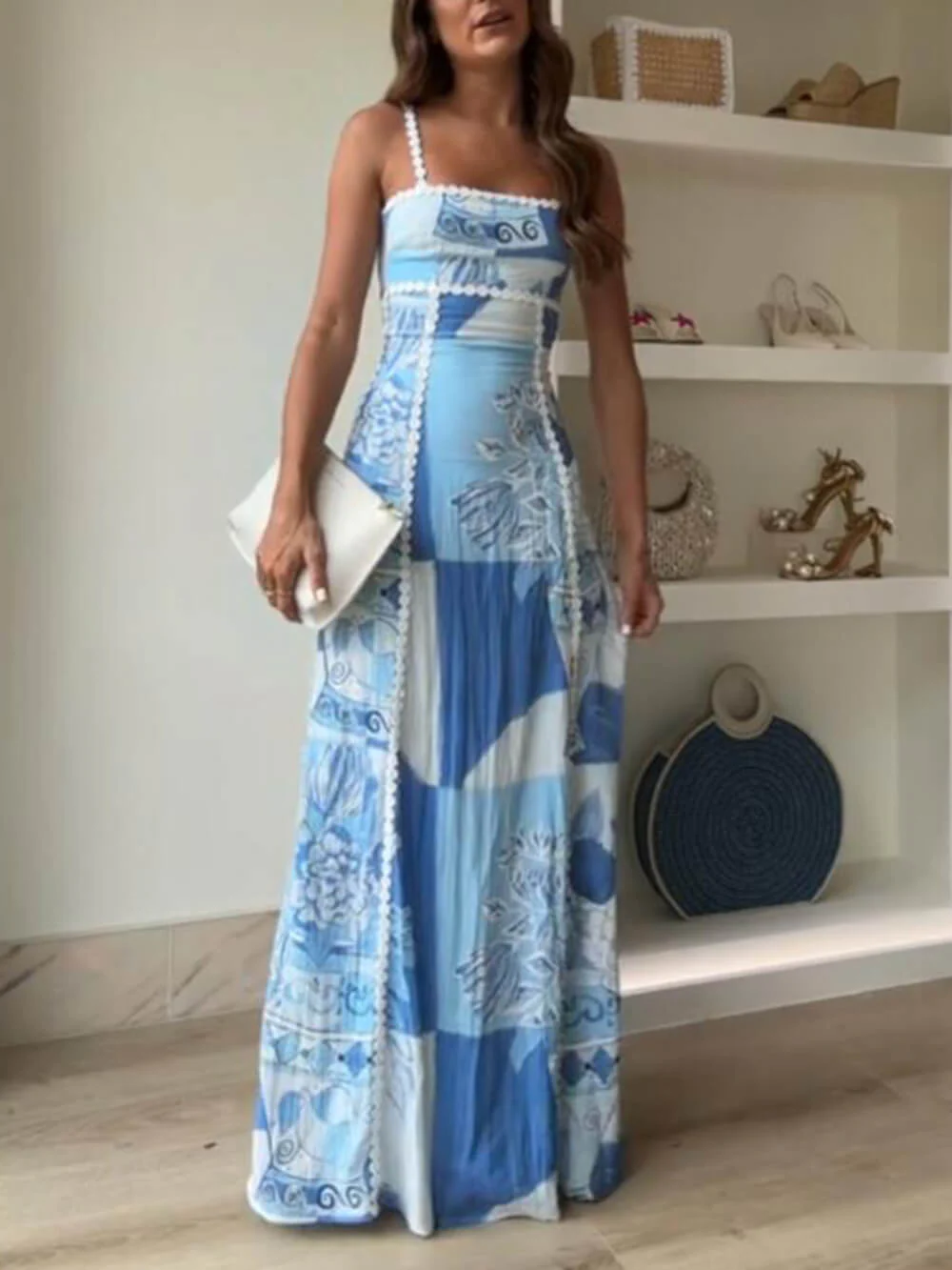 Halter Straps Lace Patchwork Printed Back Tie Halter Flare Maxi Dresses - Image 4