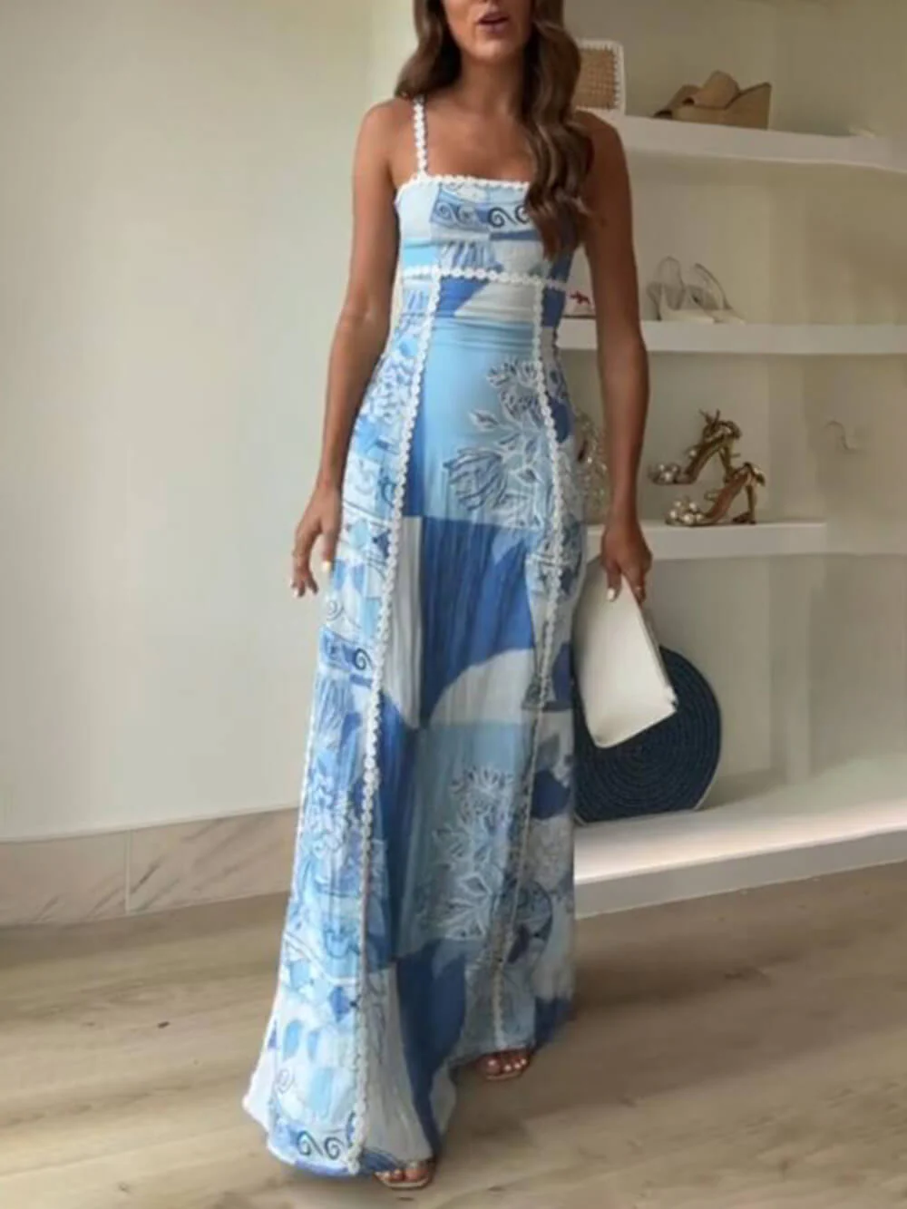 Halter Straps Lace Patchwork Printed Back Tie Halter Flare Maxi Dresses - Image 5