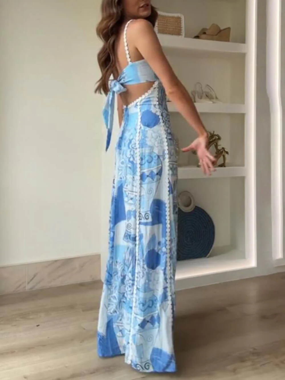 Halter Straps Lace Patchwork Printed Back Tie Halter Flare Maxi Dresses - Image 6