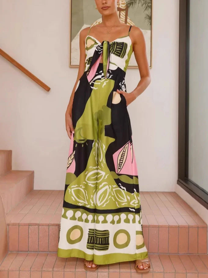 Unique Painted Print Suspenders Wide-leg Jumpsuit - Image 2
