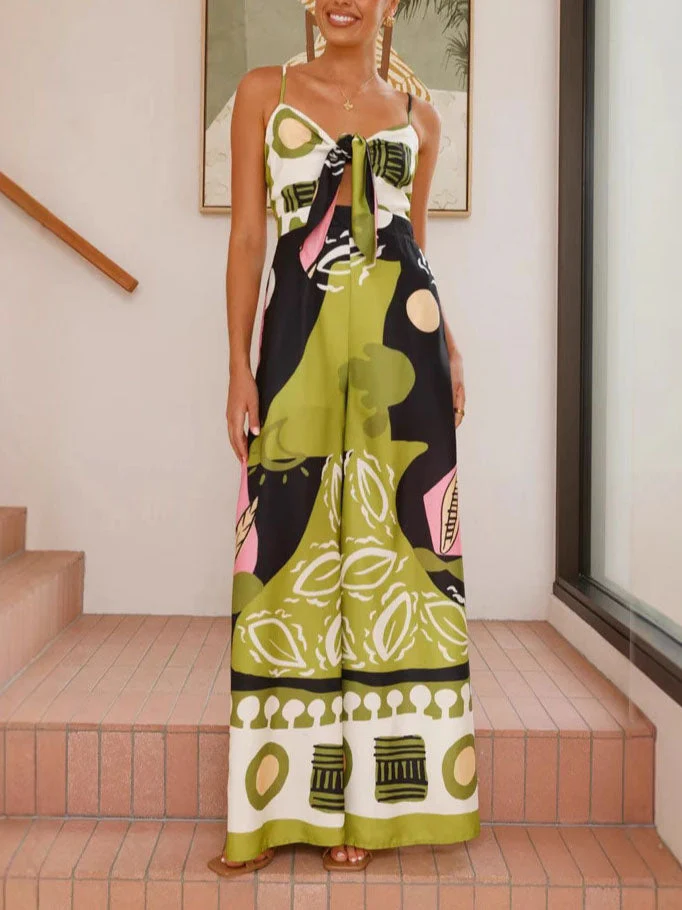 Unique Painted Print Suspenders Wide-leg Jumpsuit - Image 3