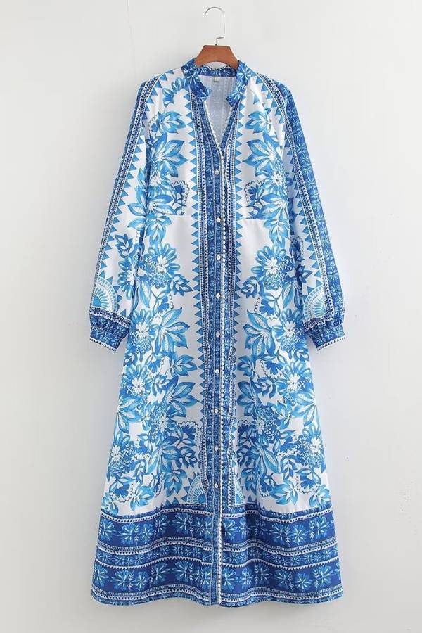 Unique Print Button Down Long Sleeve Shirt Maxi Dress - Image 16