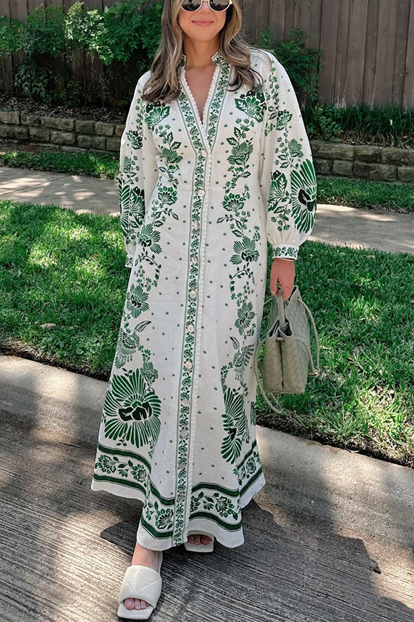 Unique Print Button Down Long Sleeve Shirt Maxi Dress - Image 4
