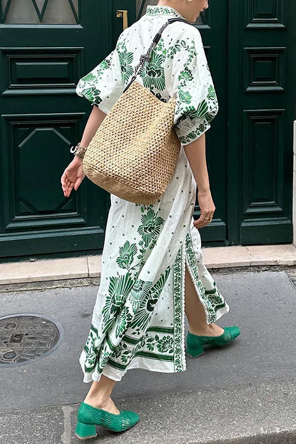 Unique Print Button Down Long Sleeve Shirt Maxi Dress - Image 7