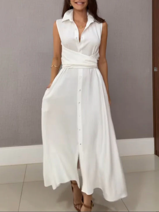 Unique Shirt Style Single-breasted Tie Midi Dress - Image 2