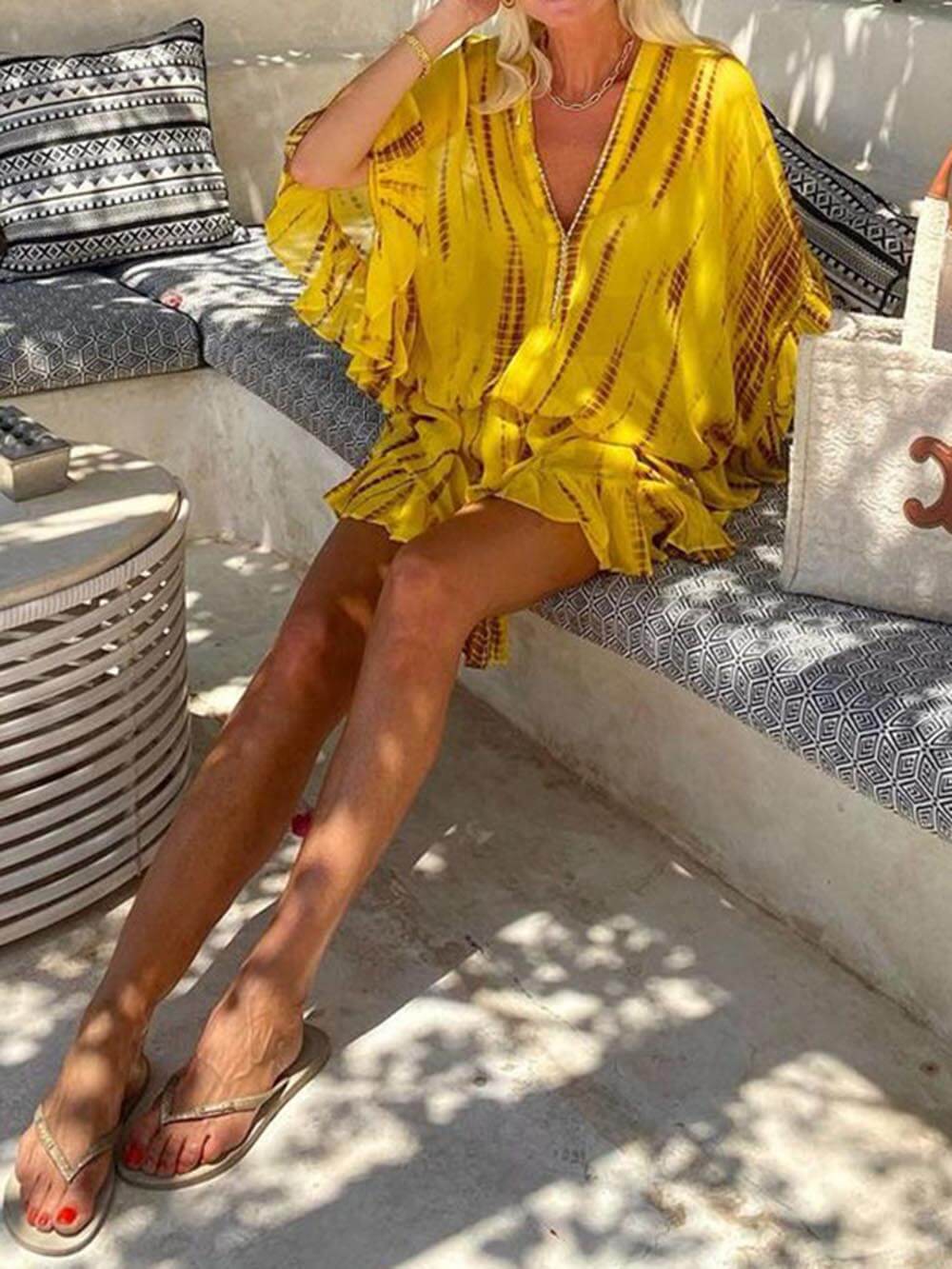 Unique Tie Dye Ruffle Batwing Sleeve Elastic Waist Kaftan Mini Dress - Image 2