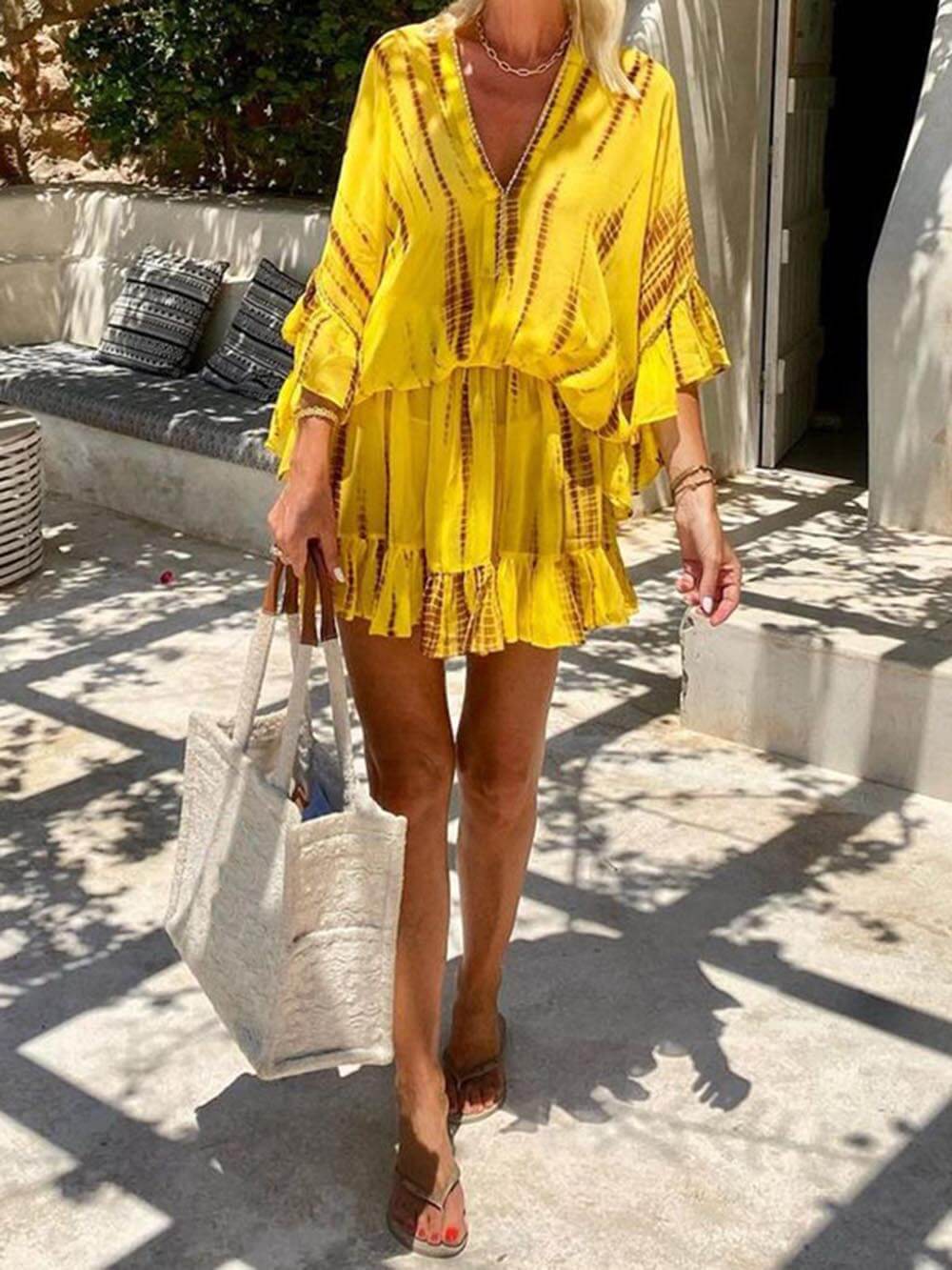 Unique Tie Dye Ruffle Batwing Sleeve Elastic Waist Kaftan Mini Dress - Image 3
