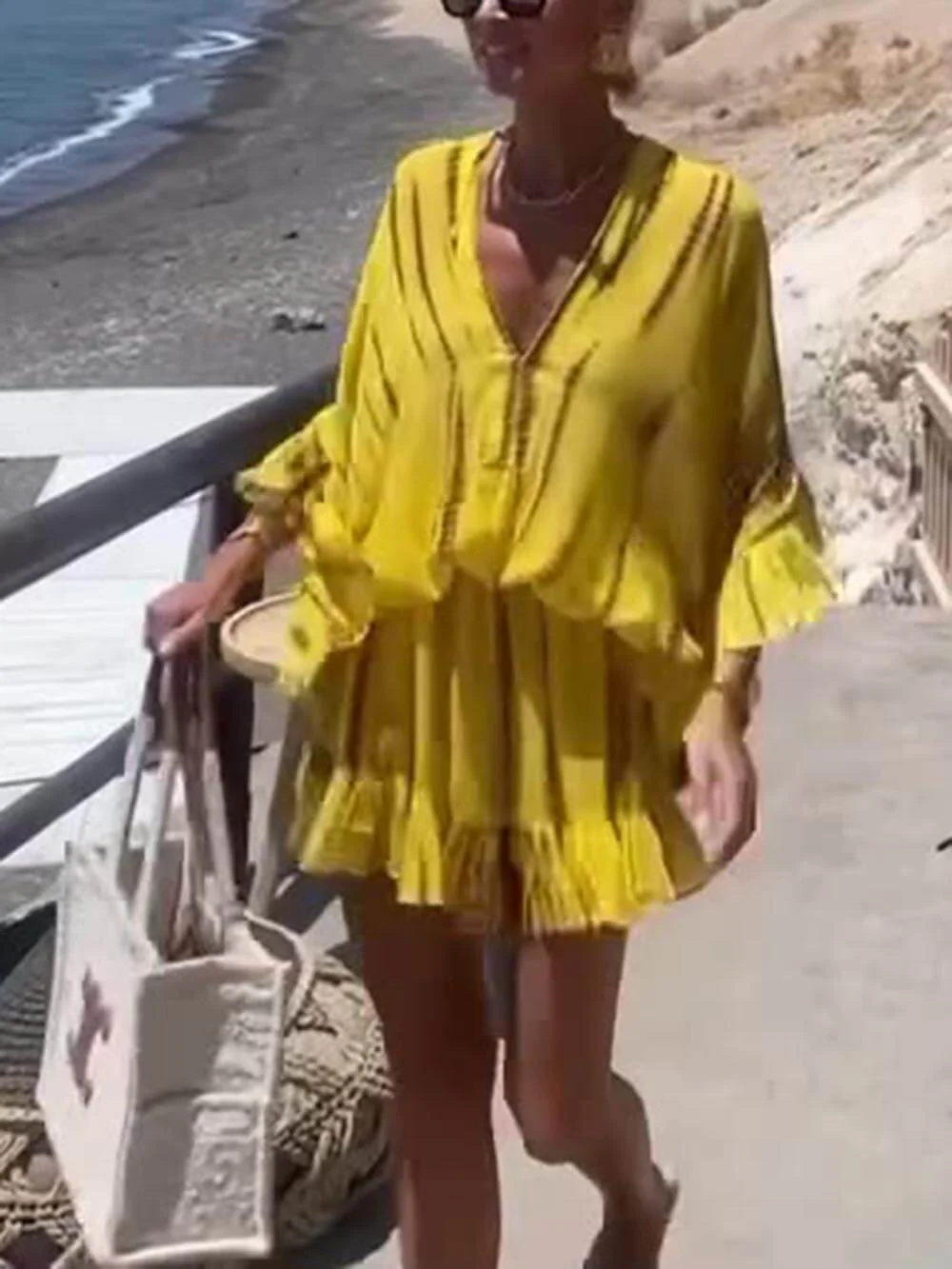 Unique Tie Dye Ruffle Batwing Sleeve Elastic Waist Kaftan Mini Dress - Image 4