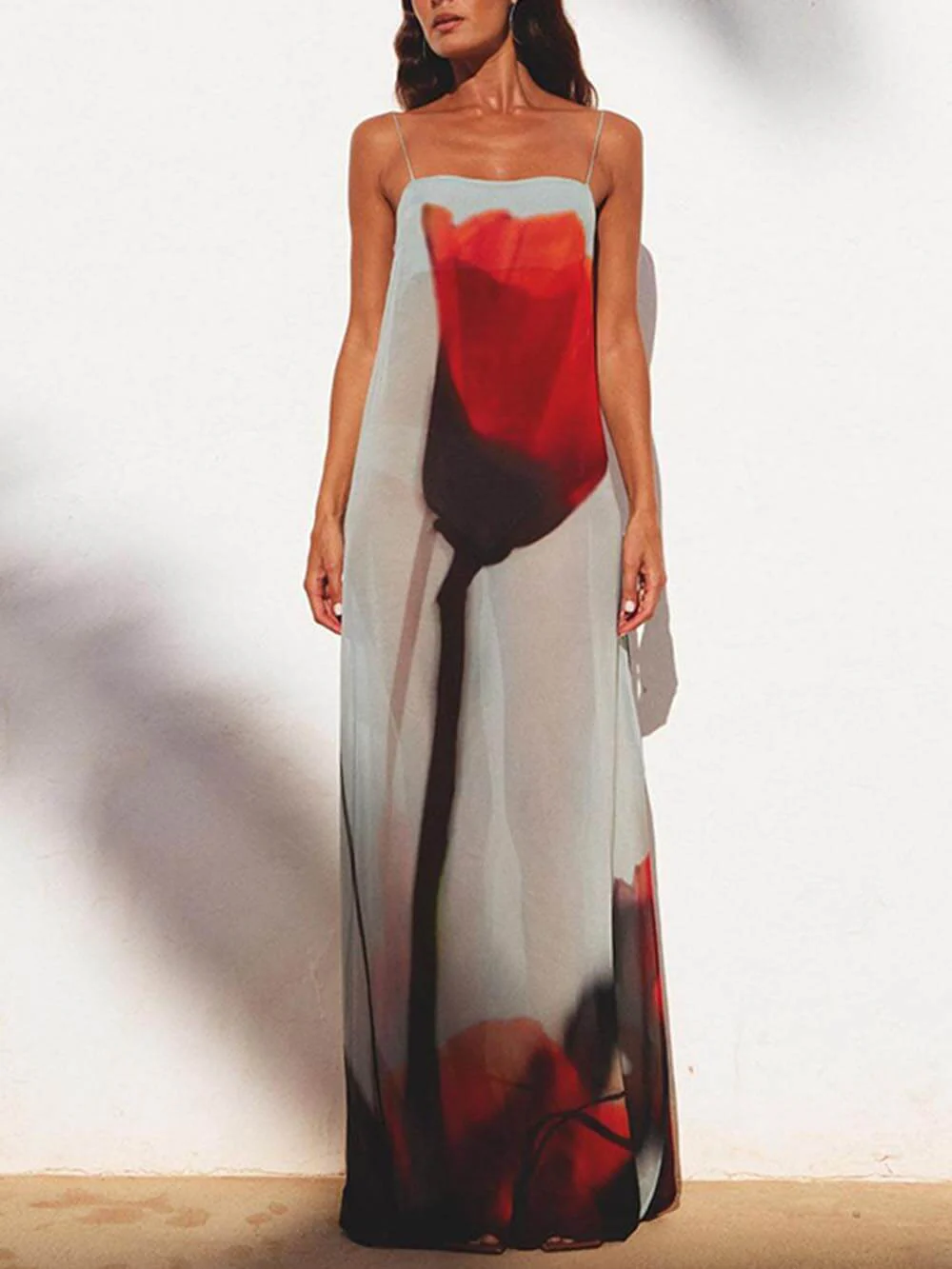 Abstract Tulip Print Vacation Slip H-Line Maxi Dress - Image 3